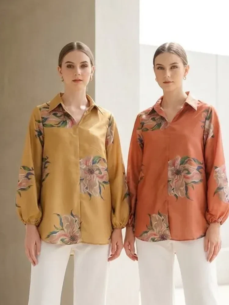 ASAYA Atasan gaya retro kerah v model longgar motif cetak untuk wanita