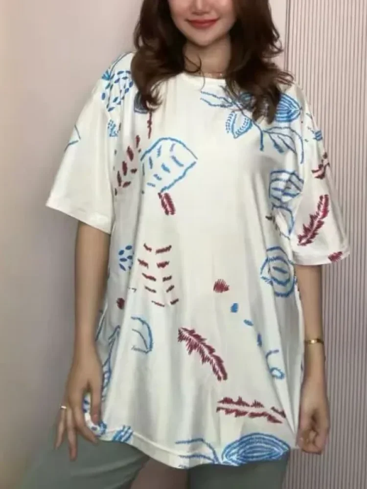 ASAYA Atasan t-shirt lengan pendek dengan kerah bulat bergaya kasual, lembut, tipis, dan bermotif