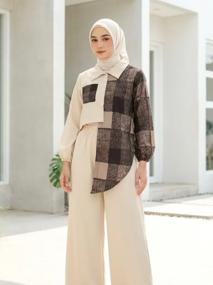 ASAYA Setelan celana modis dengan motif kotak-kotak, dipadukan dengan atasan tidak beraturan, panjang sedang, pinggang tinggi, desain pas tubuh, membuat tubuh terlihat lebih ramping