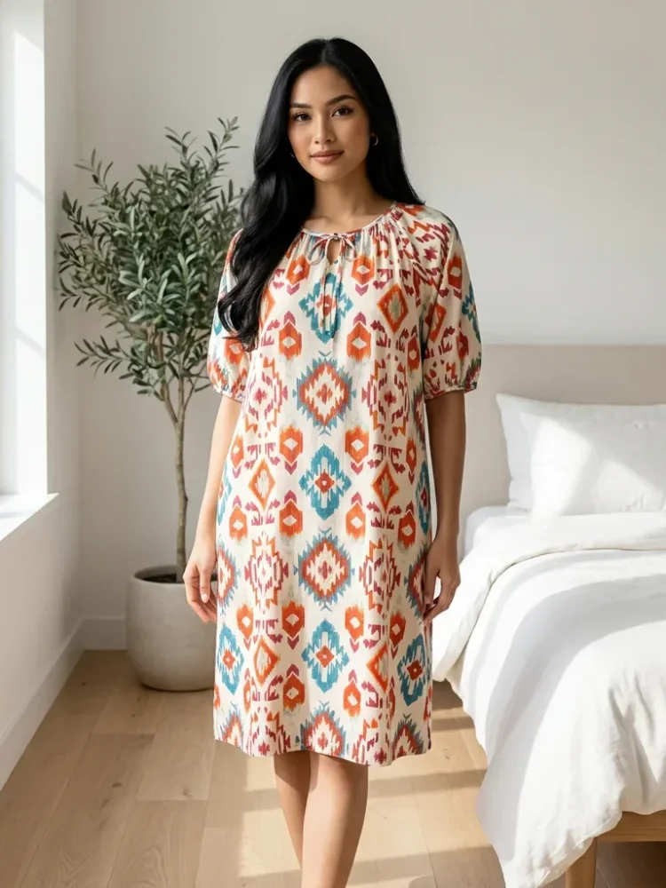 ASAYA Gaun tidur wanita lengan pendek dengan motif baru bergaya eksotis klasik