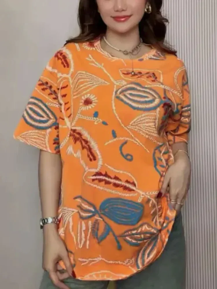 ASAYA Atasan t-shirt lengan pendek dengan kerah bulat bergaya kasual, lembut, tipis, dan bermotif
