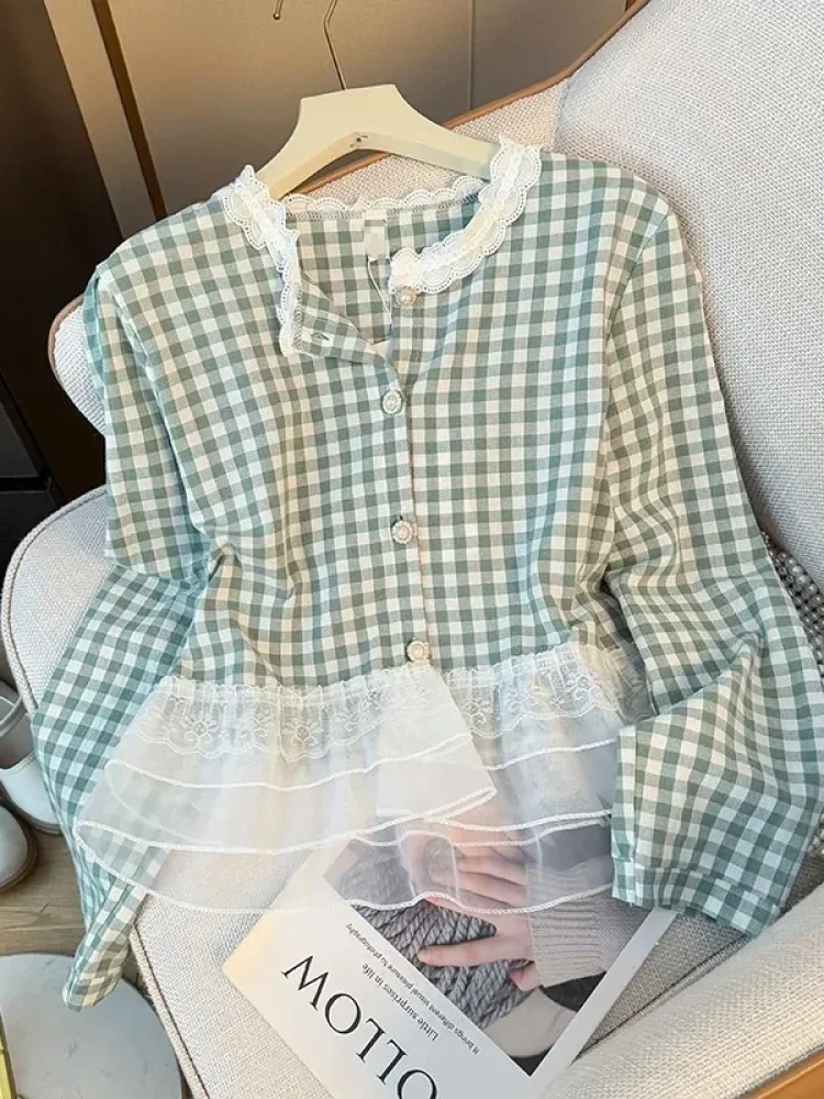 CHICMORE Blouse untuk wanita lengan panjang dengan model desain ruffle dan color blocked plaid