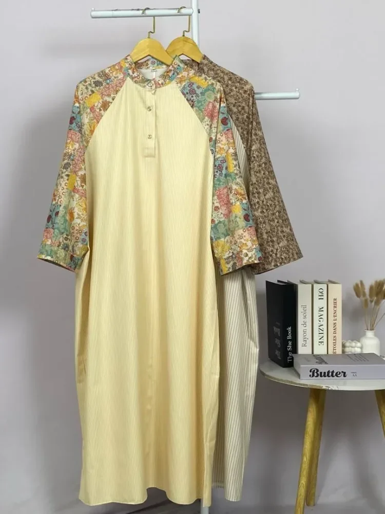 ASAYA Gamis wanita elegan motif garis kotak biru abu modern kekinian