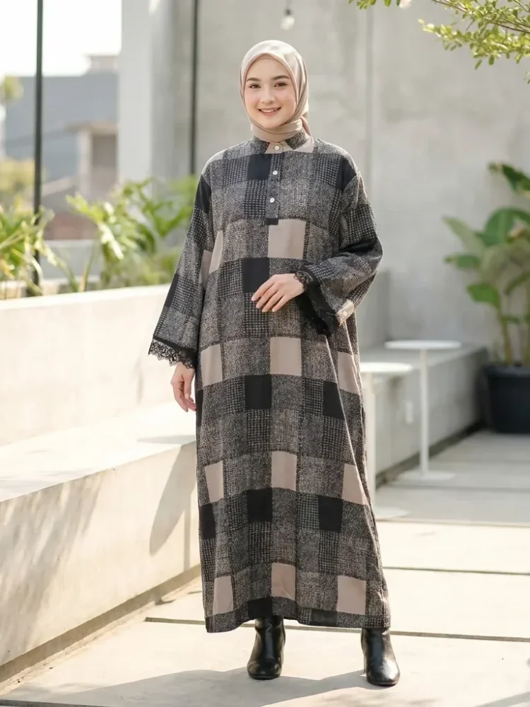 ASAYA Gamis wanita elegan motif garis kotak biru abu modern kekinian