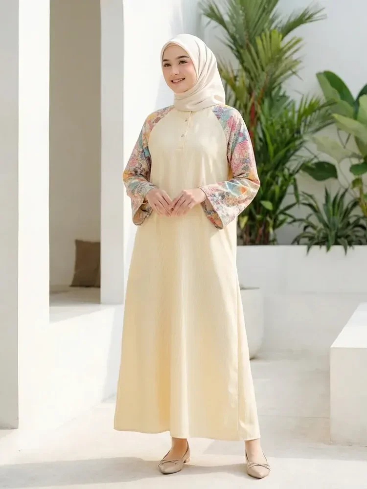 ASAYA Gamis wanita elegan motif garis kotak biru abu modern kekinian