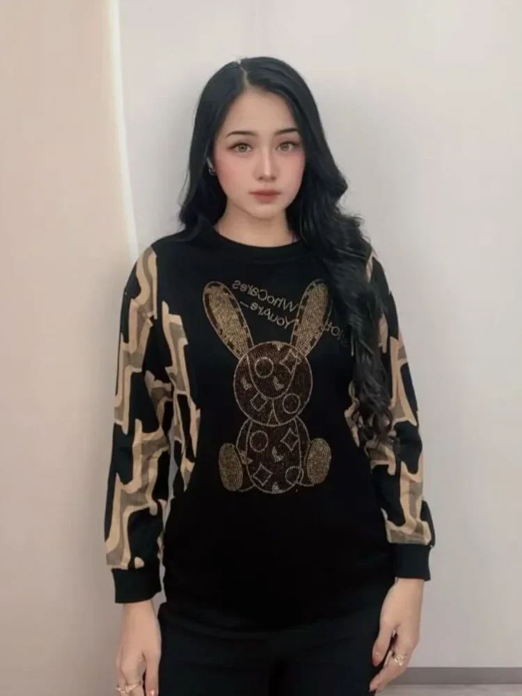 FADFAD Atasan kerah kru lengan panjang gaya retro untuk wanita