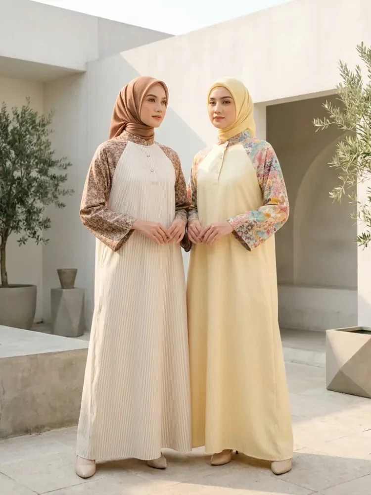 ASAYA Gamis wanita elegan motif garis kotak biru abu modern kekinian
