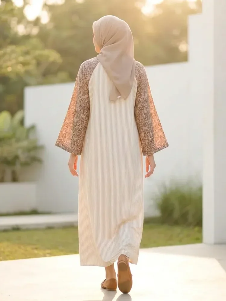 ASAYA Gamis wanita elegan motif garis kotak biru abu modern kekinian