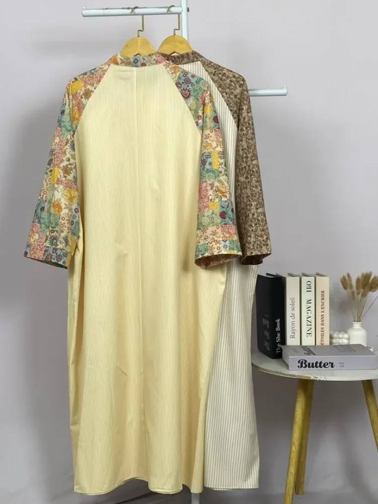 ASAYA Gamis wanita elegan motif garis kotak biru abu modern kekinian