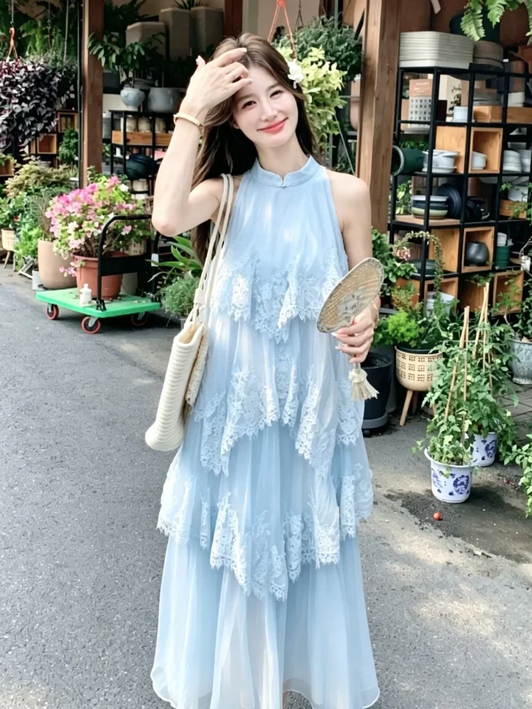 CHICMORE Gaun halter wanita warna putih gading cantik, elegan