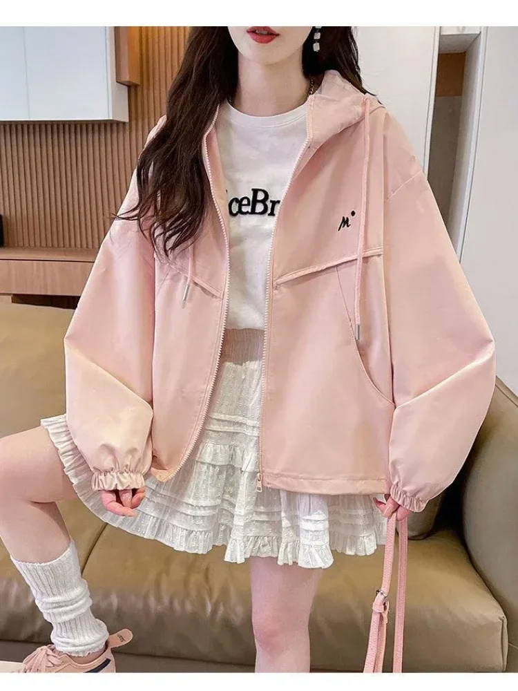 CHICMORE Atasan wanita jaket lengan panjang model longgar dengan hooded minimalis