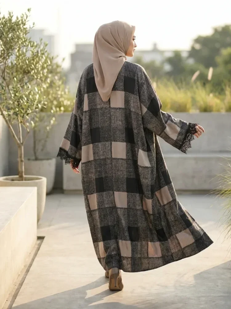 ASAYA Gamis wanita elegan motif garis kotak biru abu modern kekinian