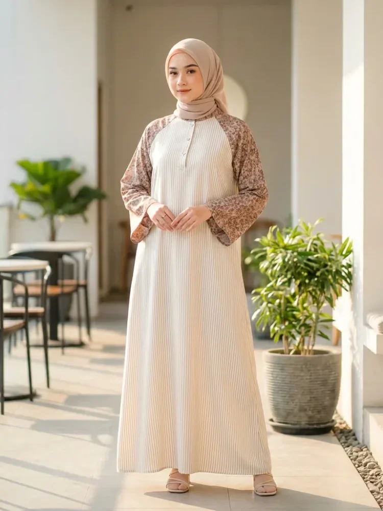 ASAYA Gamis wanita elegan motif garis kotak biru abu modern kekinian