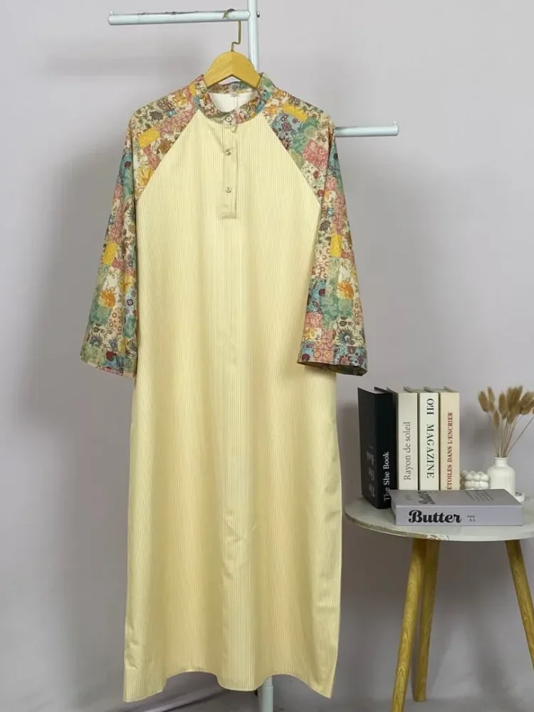 ASAYA Gamis wanita elegan motif garis kotak biru abu modern kekinian