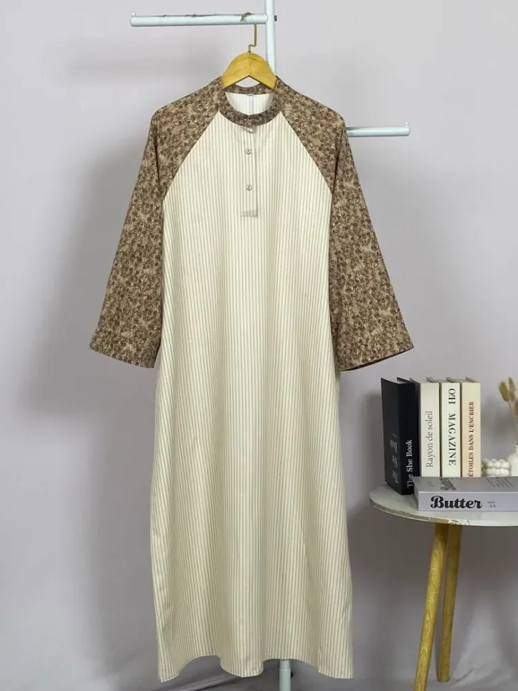ASAYA Gamis wanita elegan motif garis kotak biru abu modern kekinian