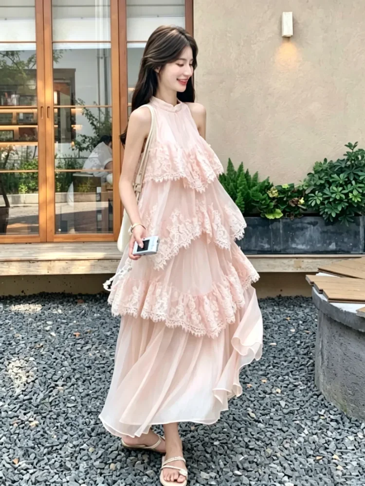 CHICMORE Gaun halter wanita warna putih gading cantik, elegan