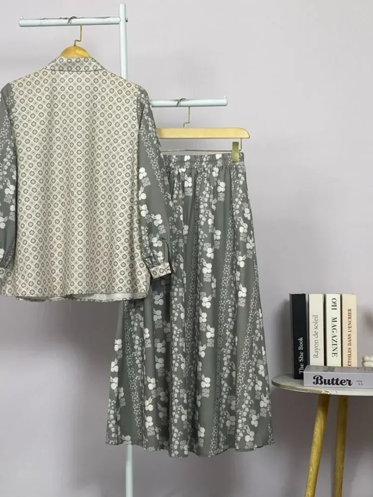 ASAYA Setelan wanita 2in1 blouse lengan panjang motif print kombinasi bunga + rok panjang highwaist elegan model kekinian