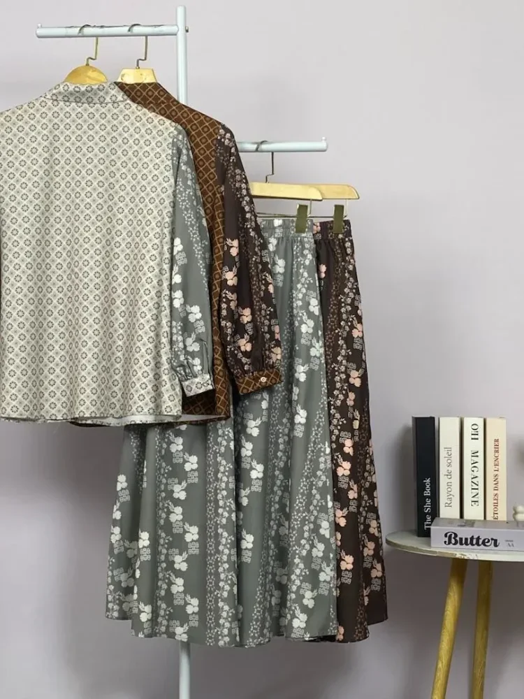 ASAYA Setelan wanita 2in1 blouse lengan panjang motif print kombinasi bunga + rok panjang highwaist elegan model kekinian
