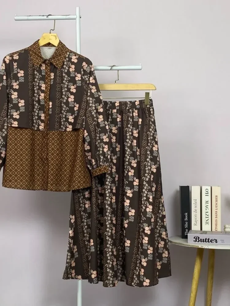 ASAYA Setelan wanita 2in1 blouse lengan panjang motif print kombinasi bunga + rok panjang highwaist elegan model kekinian