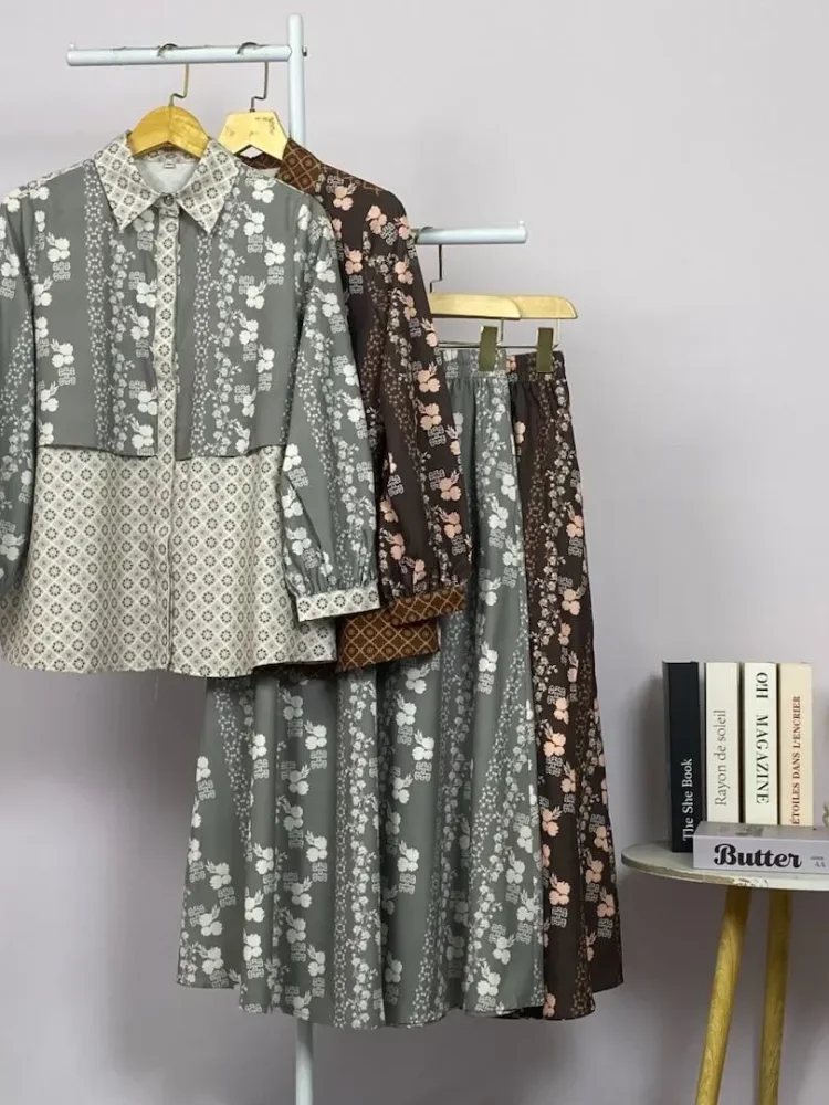 ASAYA Setelan wanita 2in1 blouse lengan panjang motif print kombinasi bunga + rok panjang highwaist elegan model kekinian
