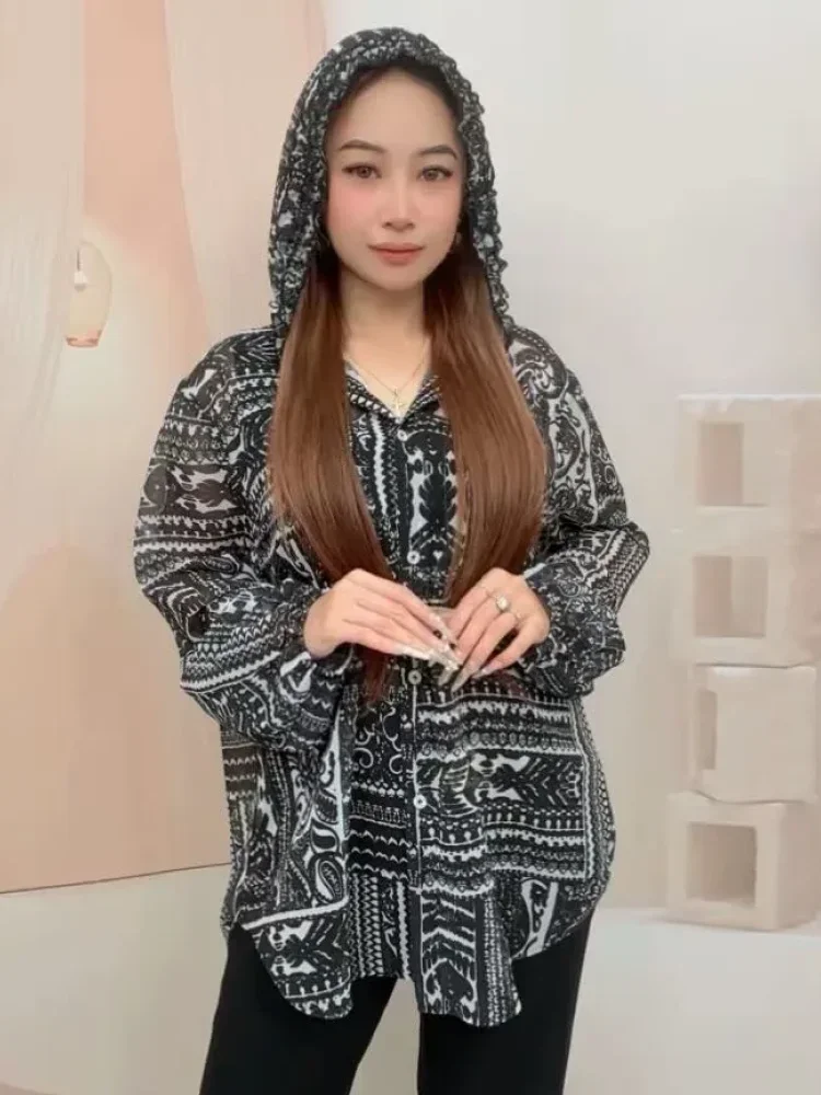 ASAYA Atasan pakian wanita motif cetak gaya retro mode baru