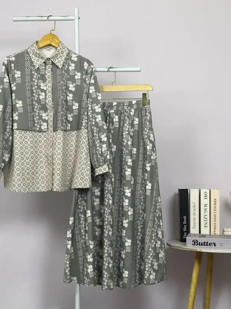 ASAYA Setelan wanita 2in1 blouse lengan panjang motif print kombinasi bunga + rok panjang highwaist elegan model kekinian