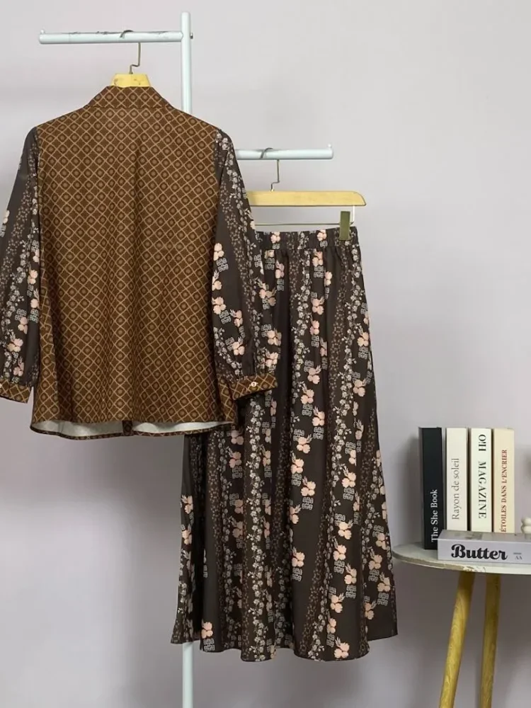 ASAYA Setelan wanita 2in1 blouse lengan panjang motif print kombinasi bunga + rok panjang highwaist elegan model kekinian