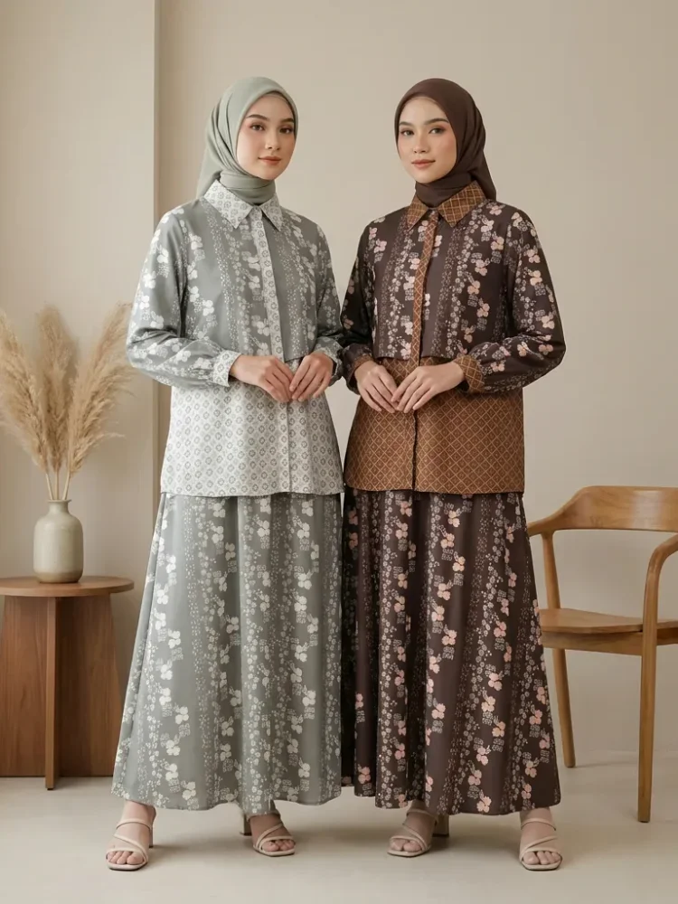 ASAYA Setelan wanita 2in1 blouse lengan panjang motif print kombinasi bunga + rok panjang highwaist elegan model kekinian