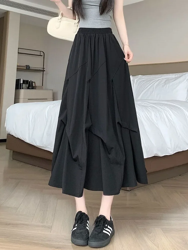 ASAYA Rok midi berwarna polos gaya elegan kekinian untuk wanita