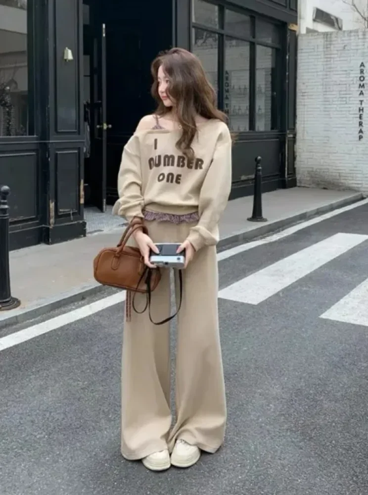 FADFAD Setelan dua potong wanita atasan sweatshirt color-block dan celana berkaki lebar