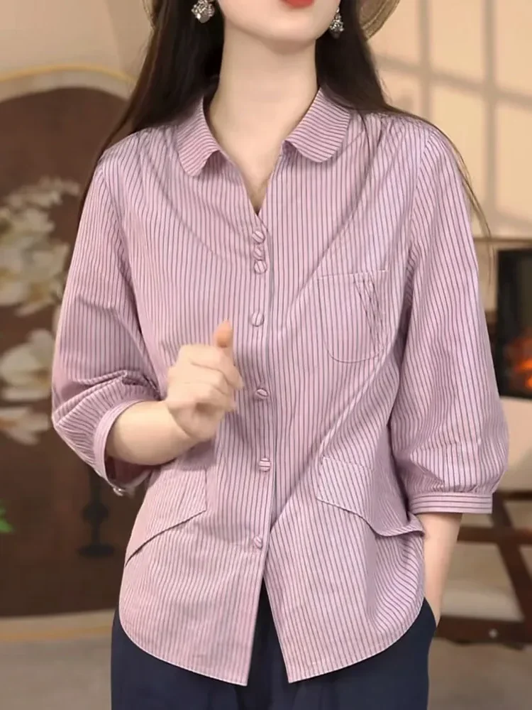 FADFAD Atasan wanita lengan tiga perempat dengan motif striped bergaya santai