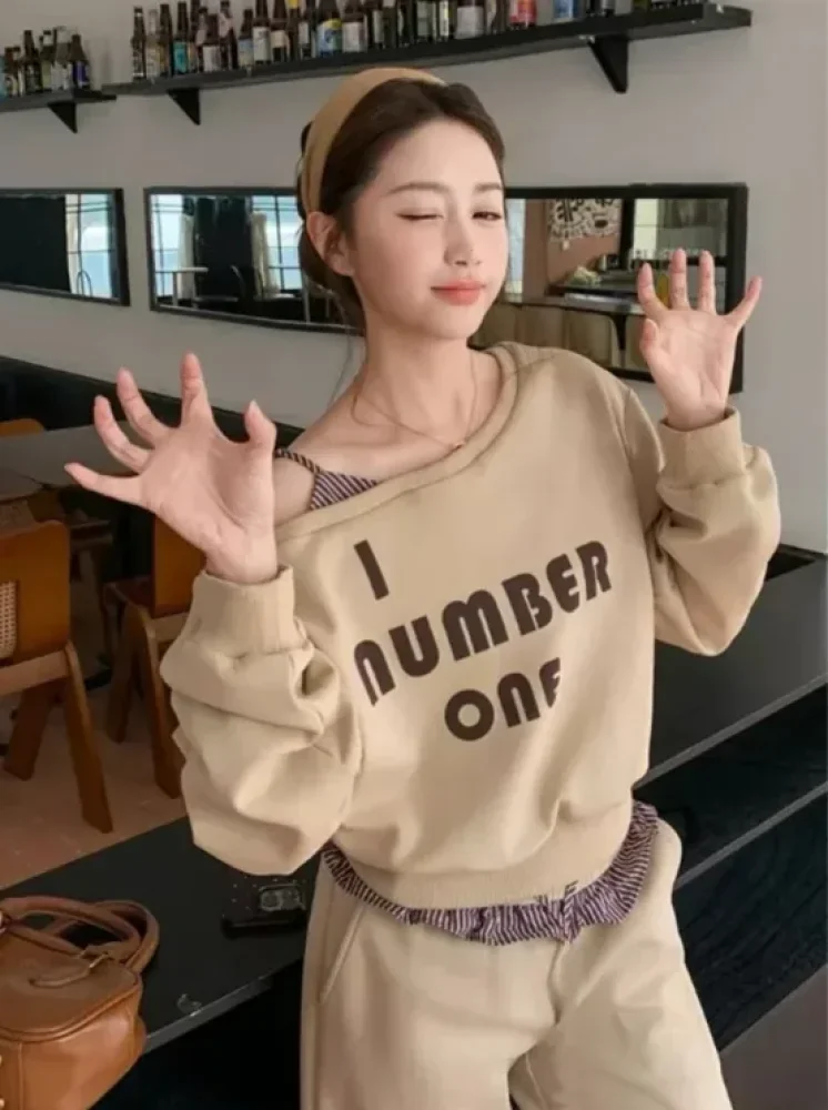 FADFAD Setelan dua potong wanita atasan sweatshirt color-block dan celana berkaki lebar