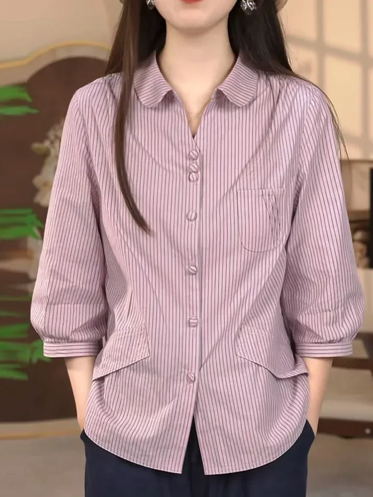 FADFAD Atasan wanita lengan tiga perempat dengan motif striped bergaya santai