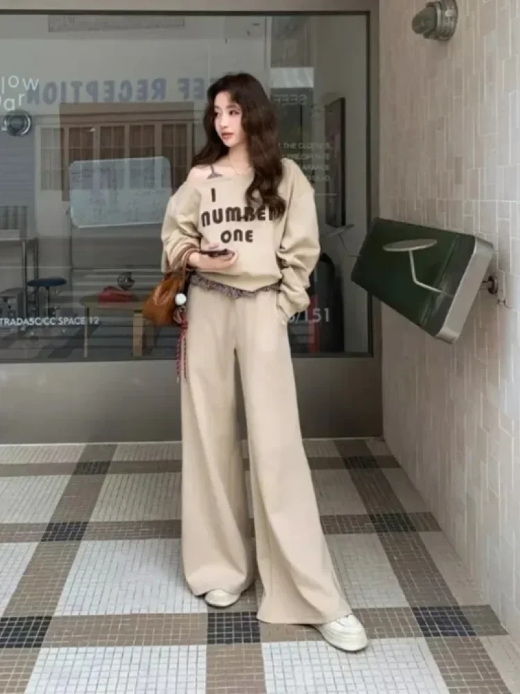 FADFAD Setelan dua potong wanita atasan sweatshirt color-block dan celana berkaki lebar