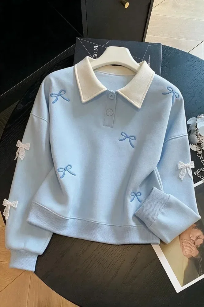 CHICMORE Atasan sweatshirt dengan lengan panjang bermotif pita cantik gaya baru untuk wanita