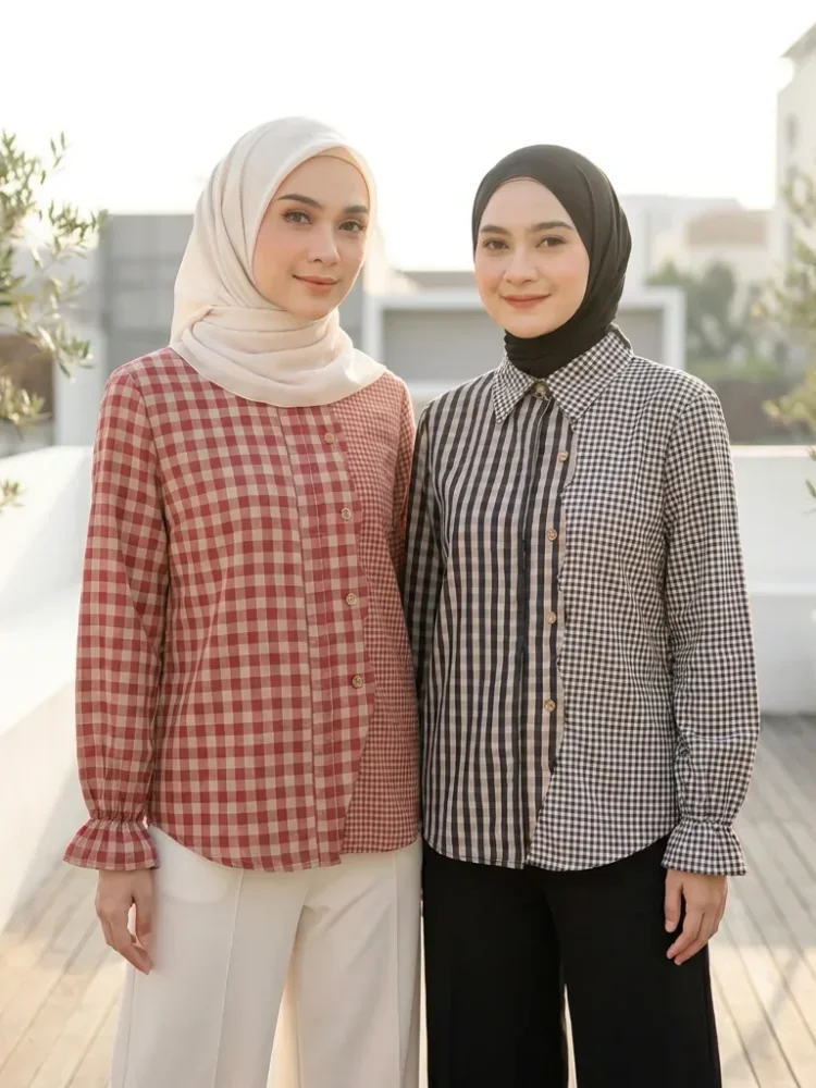 ASAYA Kemeja kardigan longgar dengan desain kerah kotak-kotak tambal sulam yang tidak beraturan