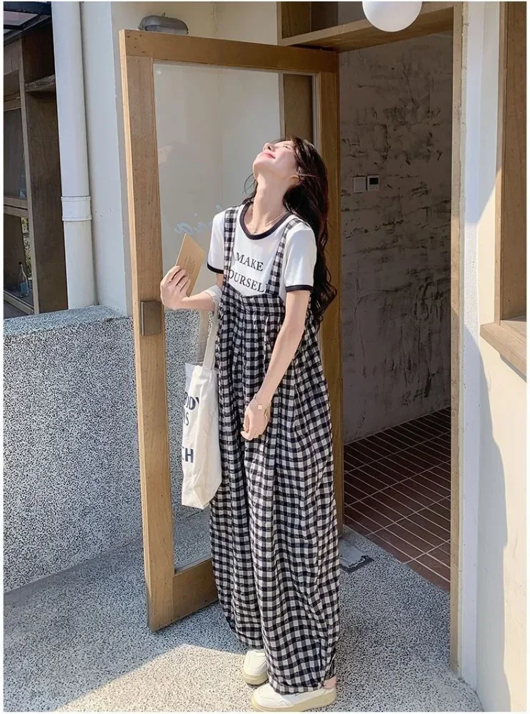ASAYA Celana panjang wanita motif plaidb patchwork korean style