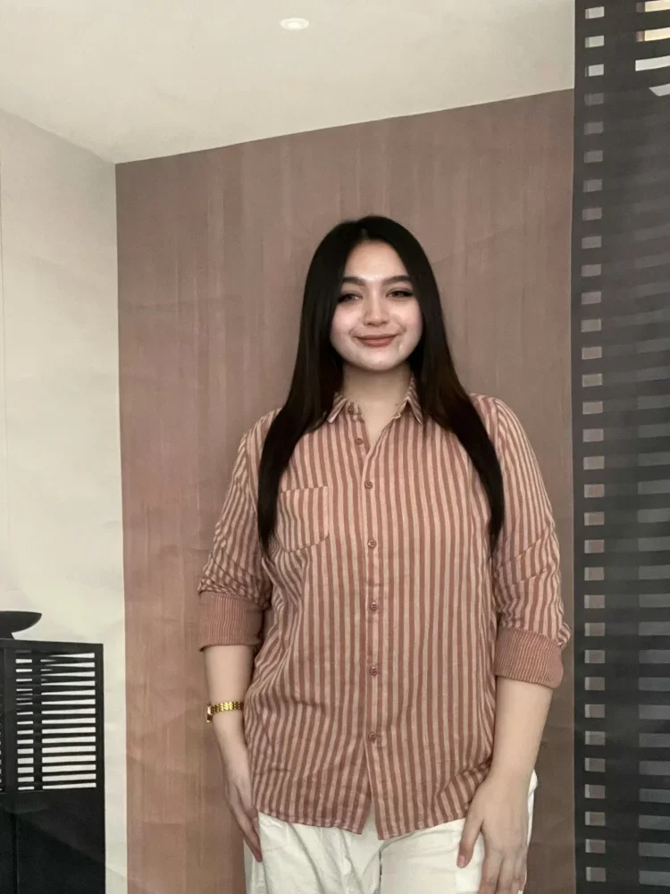 FADFAD Kemeja bergaya retro kasual bergaris lengan panjang