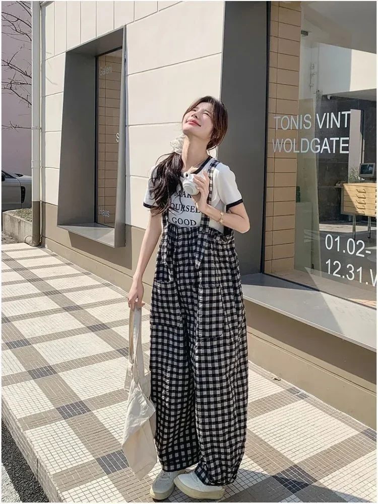 ASAYA Celana panjang wanita motif plaidb patchwork korean style