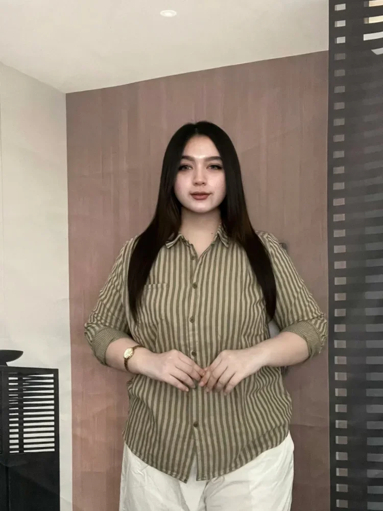FADFAD Kemeja bergaya retro kasual bergaris lengan panjang