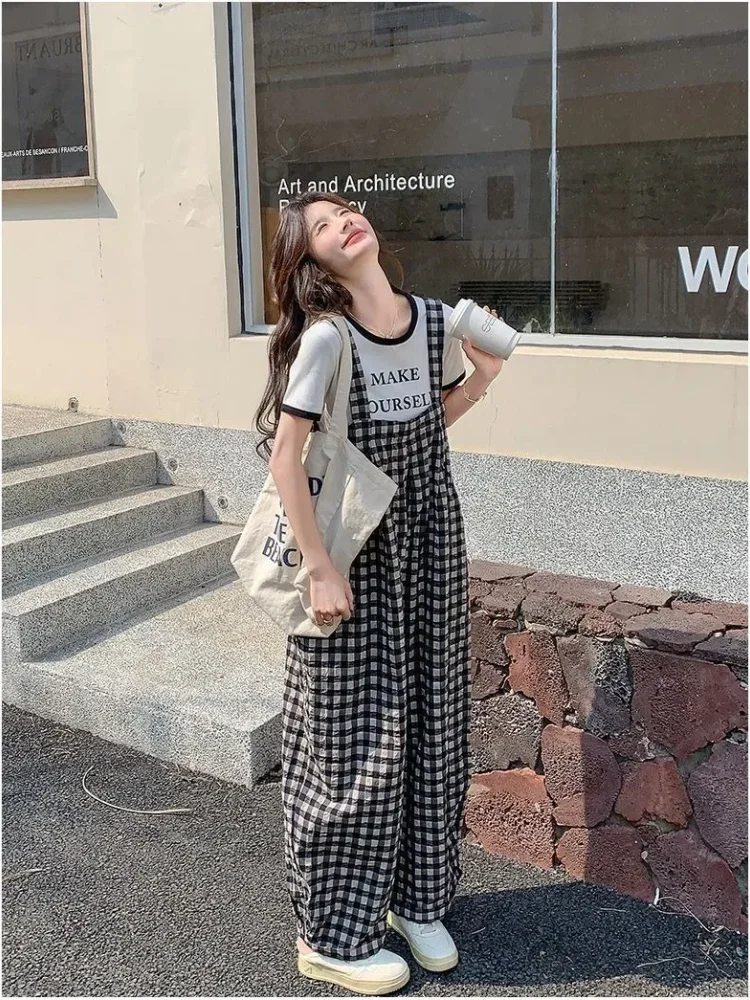 ASAYA Celana panjang wanita motif plaidb patchwork korean style