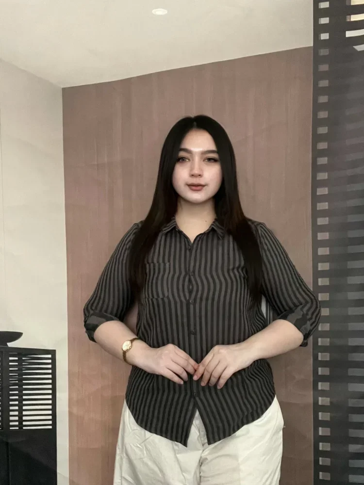 FADFAD Kemeja bergaya retro kasual bergaris lengan panjang
