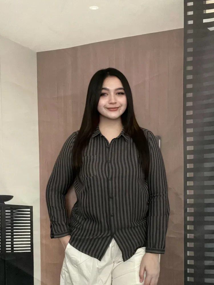 FADFAD Kemeja bergaya retro kasual bergaris lengan panjang