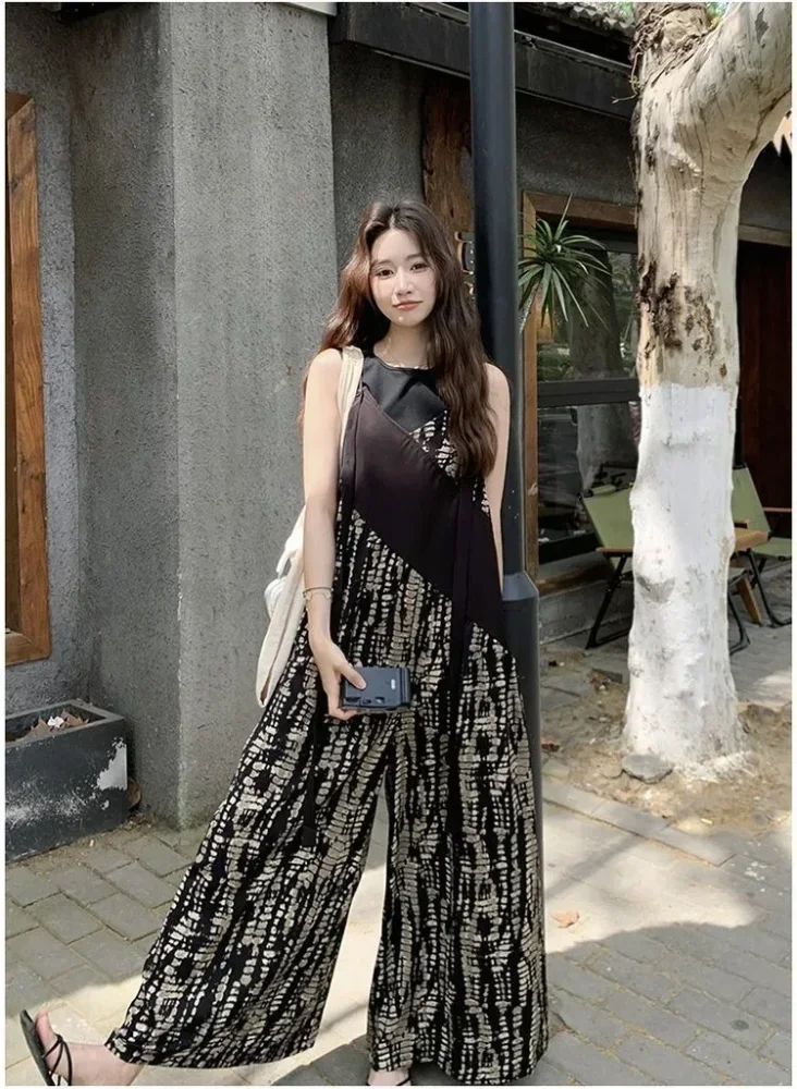 ASAYA Jumpsuit overall kasual motif cetak abstrak vintage untuk wanita