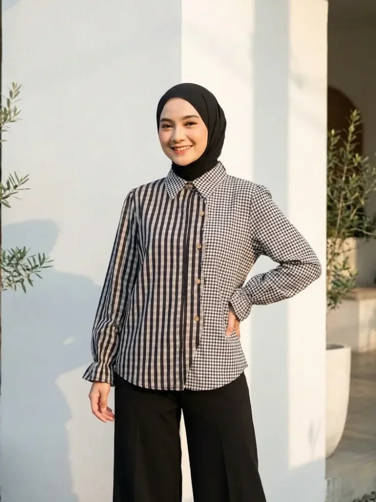 ASAYA Kemeja kardigan longgar dengan desain kerah kotak-kotak tambal sulam yang tidak beraturan