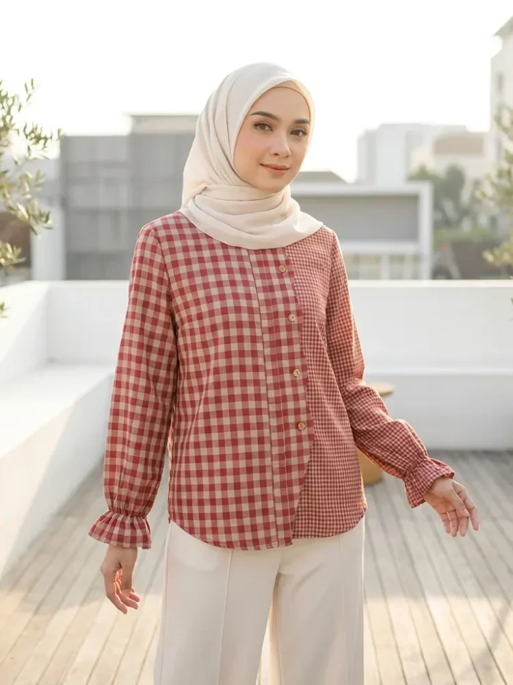 ASAYA Kemeja kardigan longgar dengan desain kerah kotak-kotak tambal sulam yang tidak beraturan