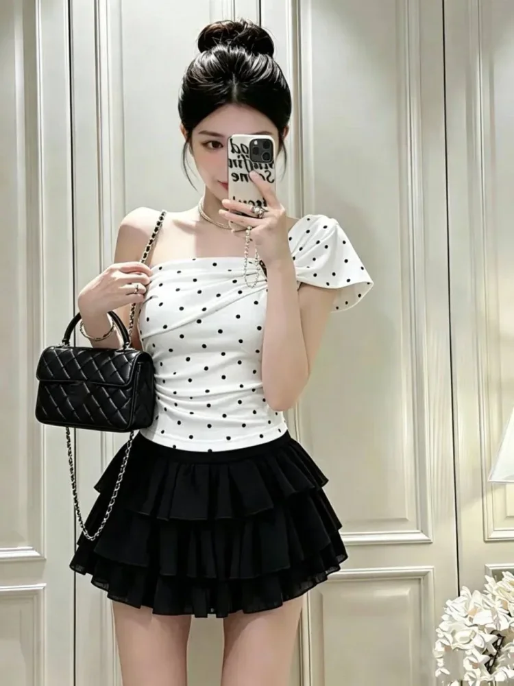 ASAYA Atasan wanita blouse one shoulder kekinian motif polkadot
