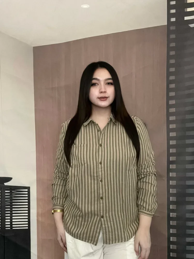 FADFAD Kemeja bergaya retro kasual bergaris lengan panjang
