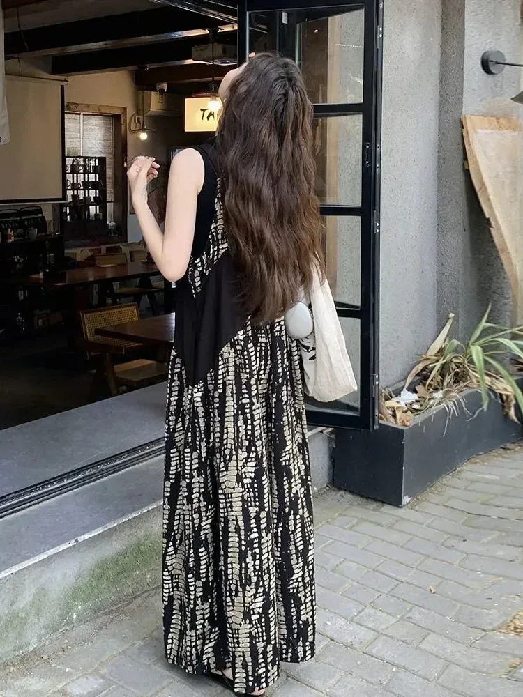 ASAYA Jumpsuit overall kasual motif cetak abstrak vintage untuk wanita