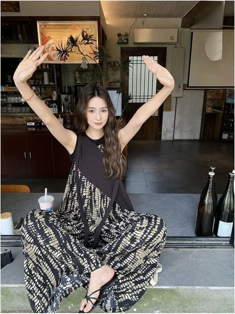 ASAYA Jumpsuit overall kasual motif cetak abstrak vintage untuk wanita